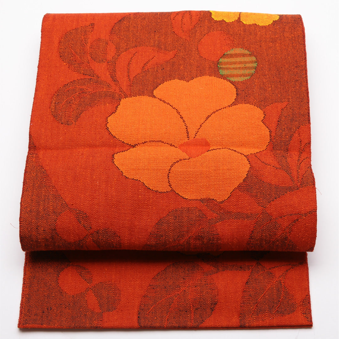 八寸名古屋帯 Sランク 帯丈362cm 正絹 六通 松葉仕立て 織り カジュアル 紬 芙蓉 朱系 LP 1245-01760