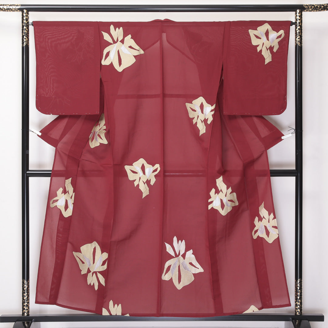 小紋 紗 身丈154cm 裄65.5cm 正絹 切嵌 夏着物 赤系 Cランク 1215-02165