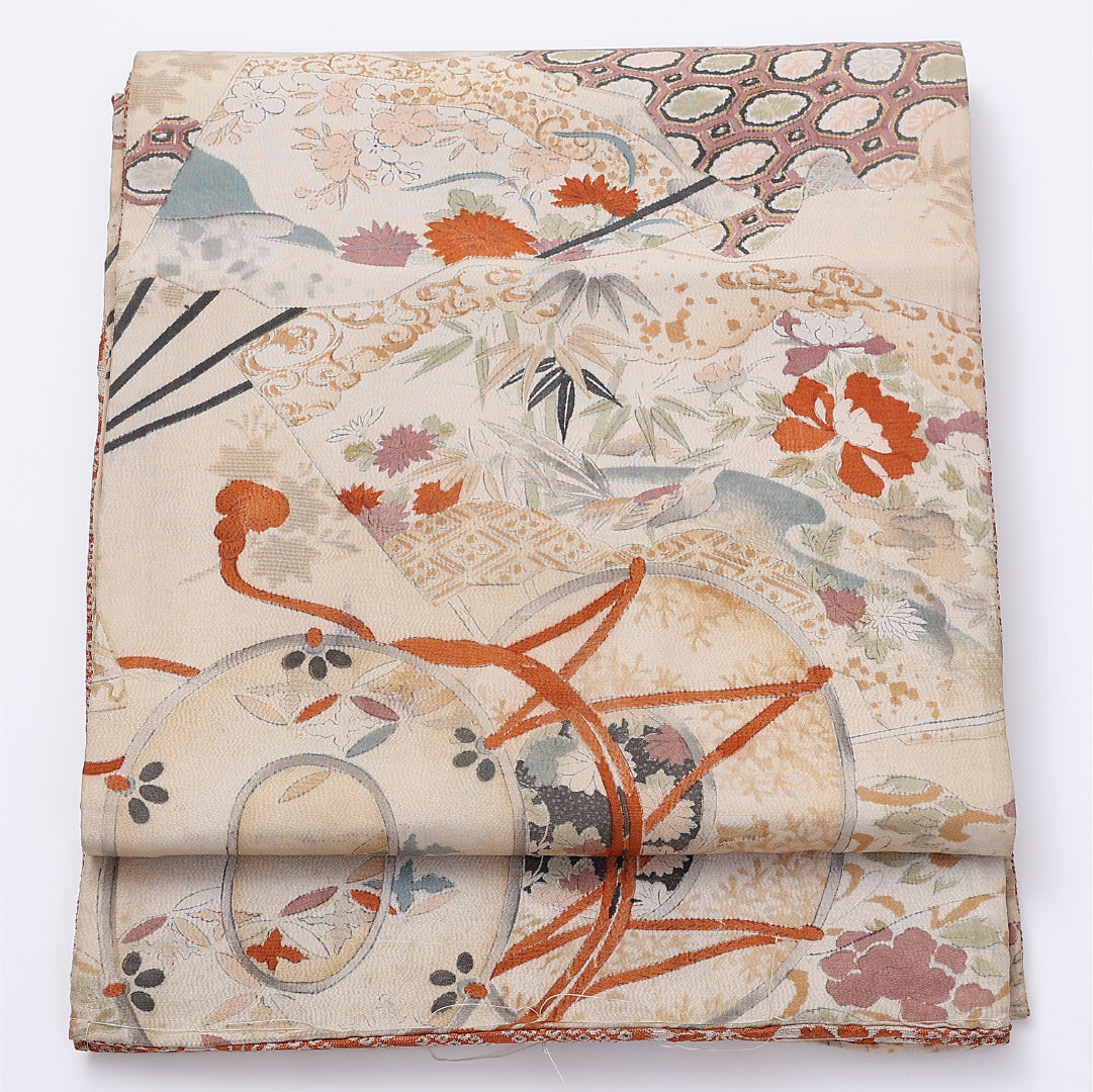 アンティーク 京袋帯 名古屋帯 帯丈370cm 全通 袋仕立て Cランク セミフォーマル リバーシブル 正絹 クリーム系 1224-01364