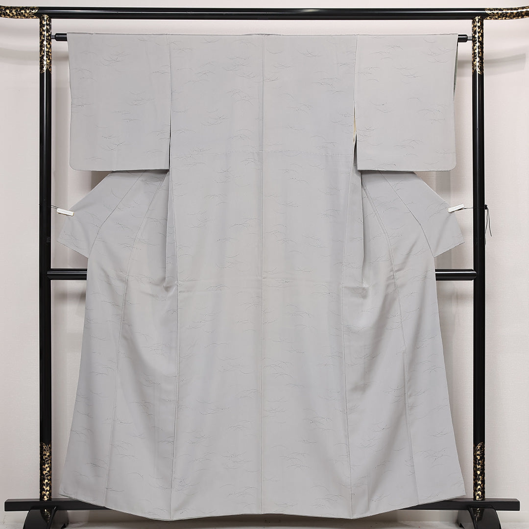 小紋 袷 身丈159cm 裄丈63cm 正絹 Aランク インフォーマル 広衿 Mサイズ 露芝草 グレー系 RP 1221-13334