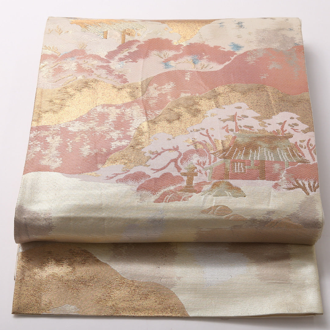 名勝 寂光院 袋帯 帯丈400cm 六通 フォーマル Aランク 正絹 引箔 寂光院 写実的 存在感 金系 1223-01719