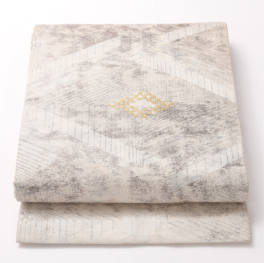 九寸名古屋帯 帯丈356cm セミフォーマル 開き仕立て ポイント柄 Sランク 正絹 銀箔 菱 白系 銀系 1224-03143