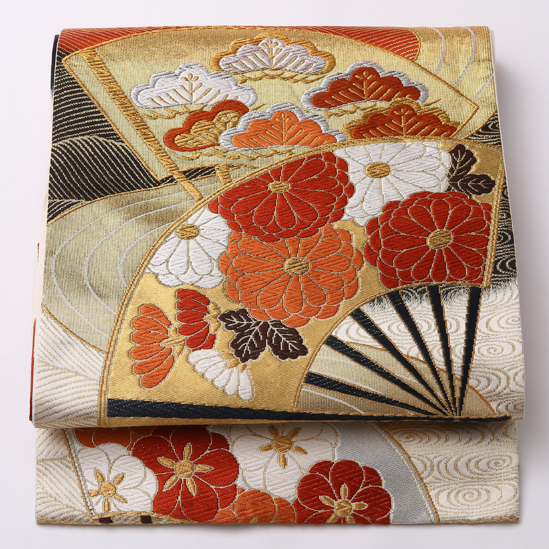 袋帯 帯丈432cm 六通 振袖帯 Sランク 正絹 唐織 吉祥文様 古典的 鮮やか 金系 1223-01550