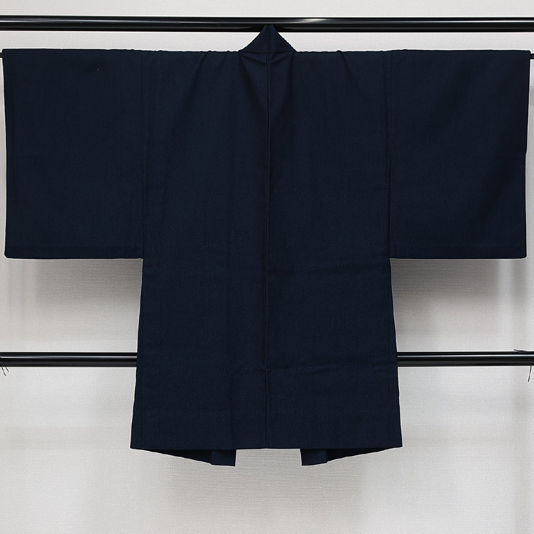 ウールの羽織 男性用（紬） 洗える着物 単衣 身丈101cm 裄丈69cm ウール Bランク Mサイズ カジュアル 無地調柄 紺系 1219-14589