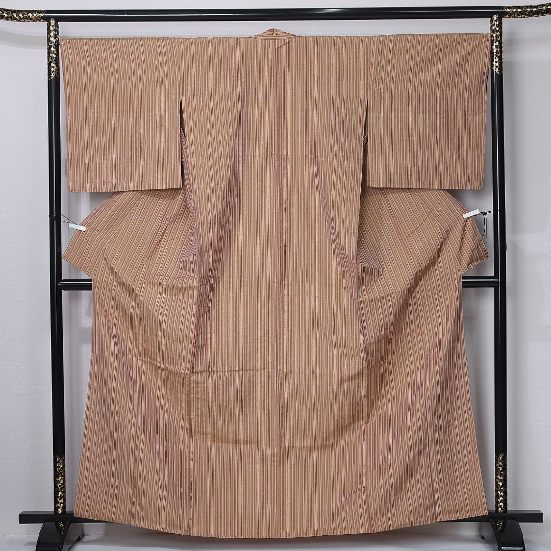 紬 単衣 身丈163cm 裄丈67cm 正絹 Sランク カジュアル 広衿 Lサイズ 縞 茶系 RP 1223-12267