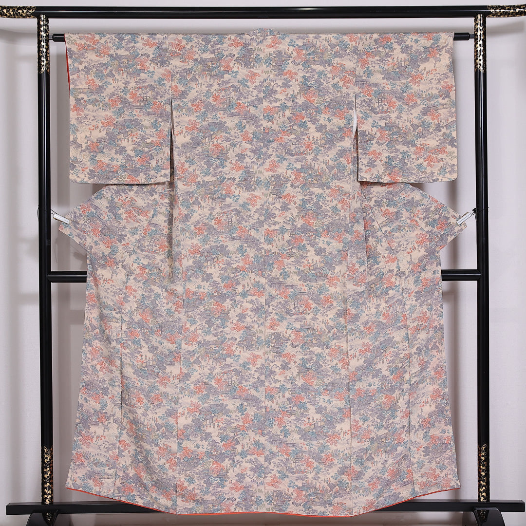 小紋 袷 身丈154cm 裄61.5cm 正絹 御所解 クリーム系 ちりめん Sランク しつけ糸 1215-02465