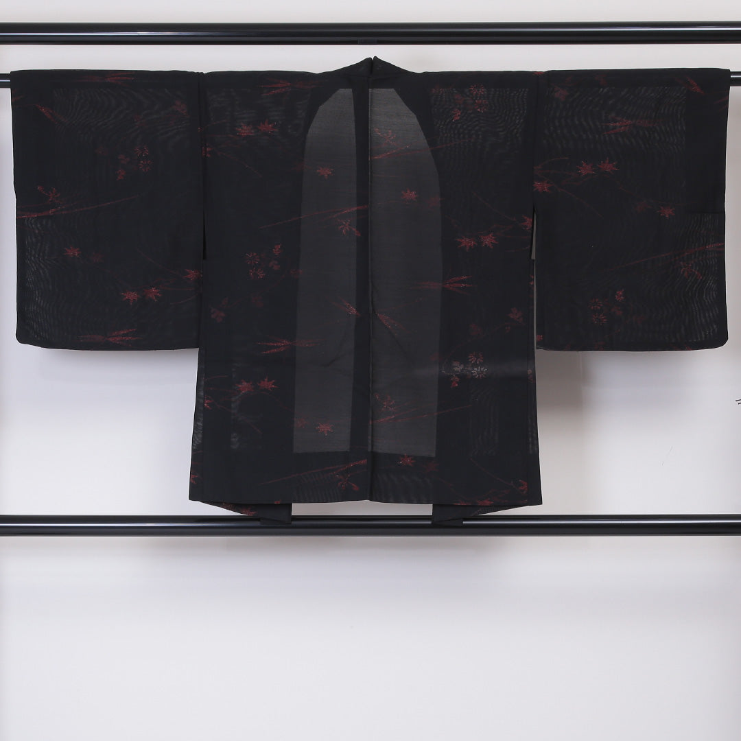 夏羽織 黒羽織 単衣 身丈75cm 裄63cm 正絹 Sランク 二重紗 紅葉や菊 黒系 1217-00752