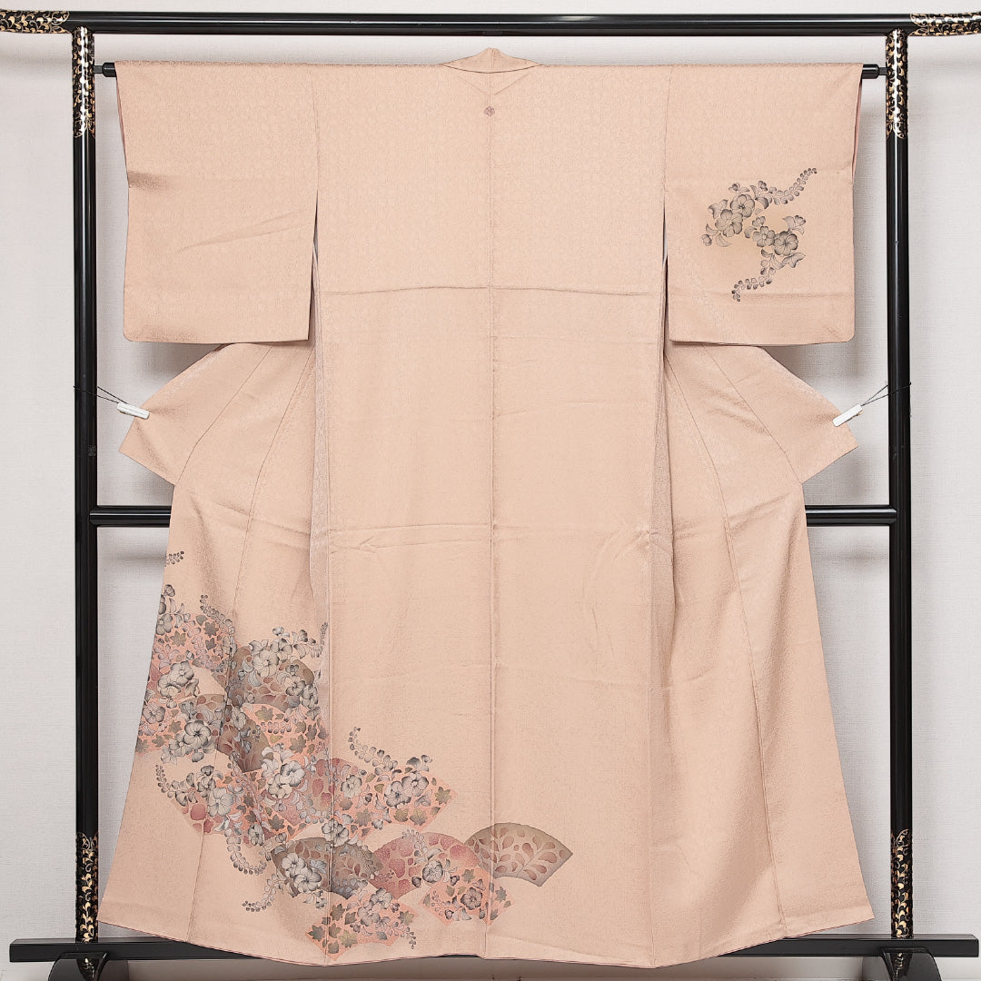 訪問着 袷 身丈154cm 裄丈62cm Sランク 正絹 辻が花調 広衿 Sサイズ 一つ紋（五三桐） セミフォーマル 辻が花 上品 華やか ベージュ系 ピンク系 1212-13967