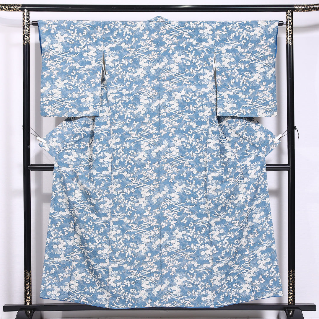 小紋 袷 身丈152cm 裄丈62cm 正絹 Sランク インフォーマル 広衿 Sサイズ 菊 紅葉 青系 RP 1221-11566