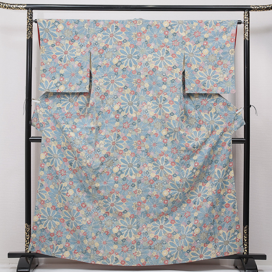 小紋 袷 身丈162cm 裄丈63cm 正絹 Aランク インフォーマル 広衿 Lサイズ 菊 水色系 HP 1221-15622