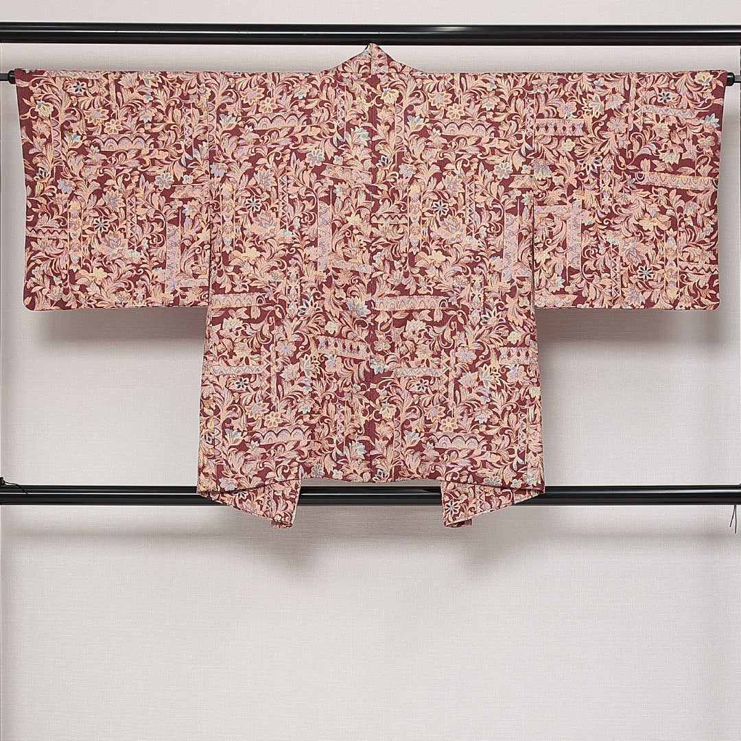 羽織 袷 身丈76cm 裄丈65cm 正絹 Sランク カジュアル Mサイズ 紐あり 植物柄 ピンク系 RP 1232-13855