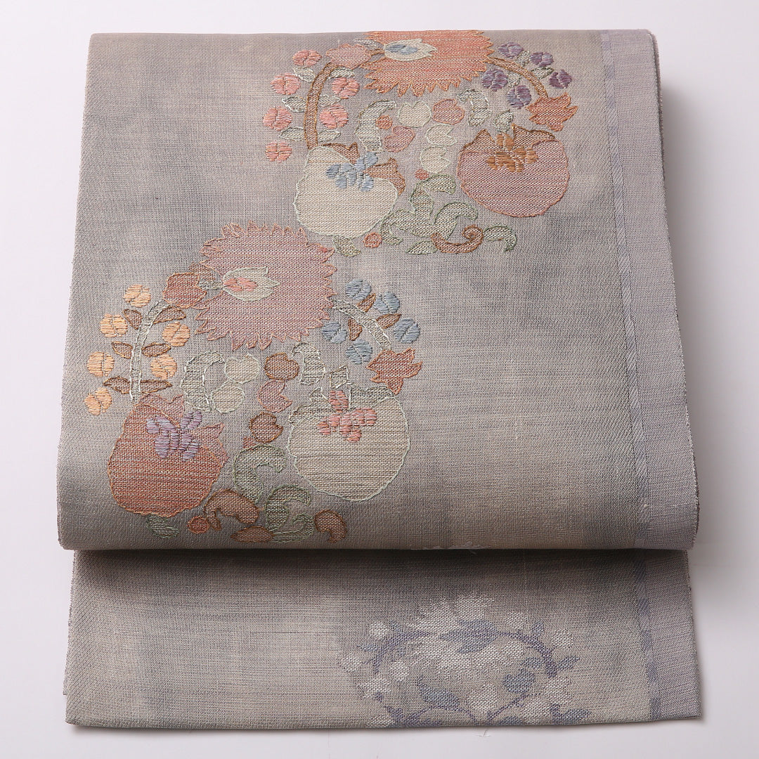 夏物 袋帯 帯丈434cm ポイント柄 セミフォーマル Sランク 正絹 夏紬 刺繍 花柄 上品 落ち着き グレー系 1223-01554