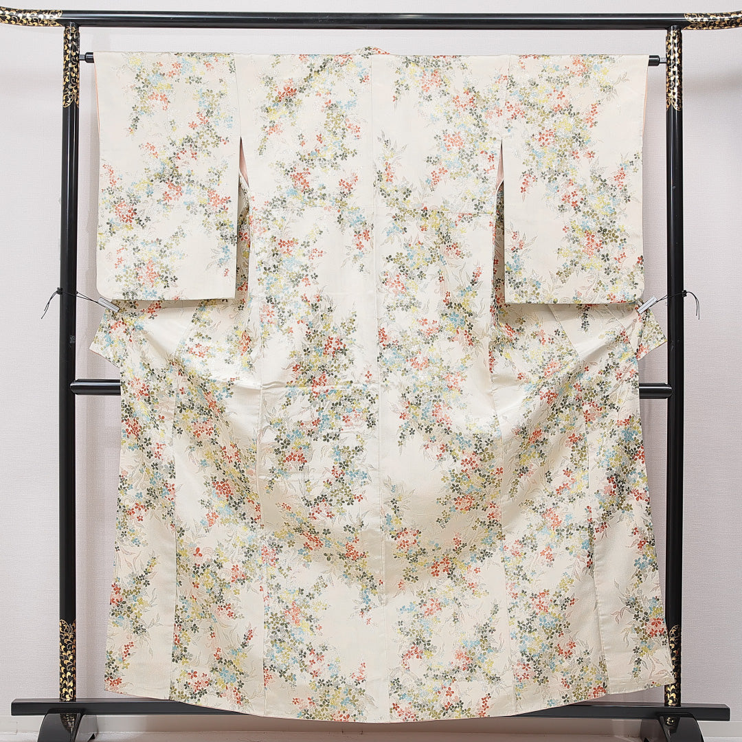紬 袷 身丈162cm 裄丈64cm 正絹 Cランク カジュアル バチ衿 Lサイズ 花柄 クリーム系 LP 1223-15615