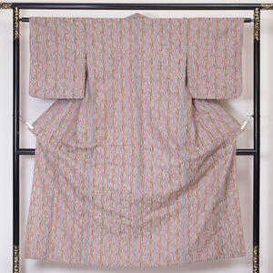 紬 単衣 身丈153cm 裄62.5cm ウール 洗える着物 肩当て ベージュ系 Sランク 1216-00953