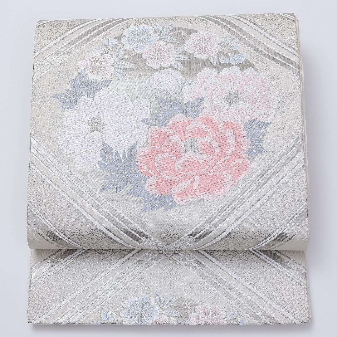 袋帯 帯丈416cm 六通 牡丹 花菱 セミフォーマル 銀系 正絹 Aランク 1223-00912
