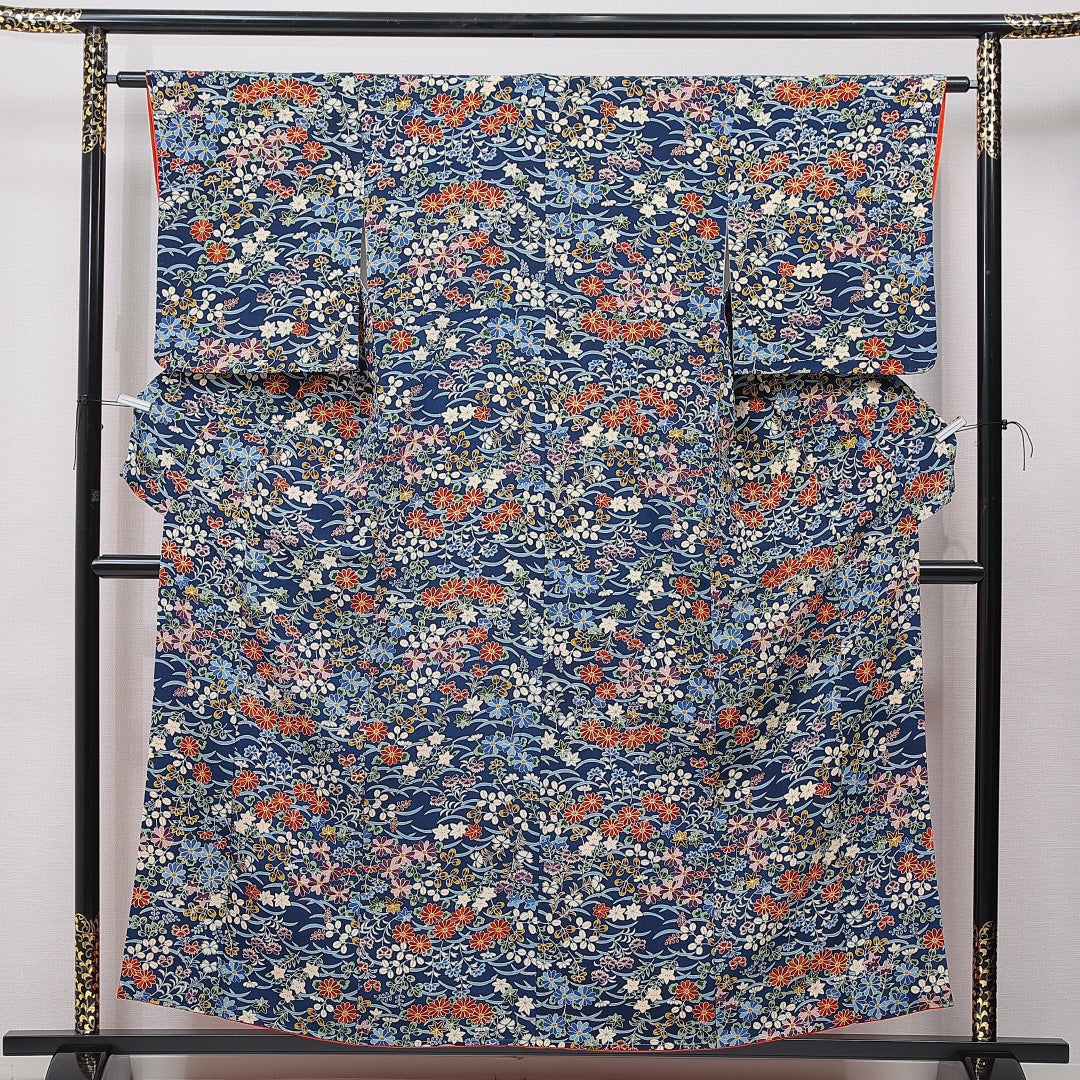 小紋 袷 身丈156cm 裄丈62cm 正絹 Sランク インフォーマル 広衿 Mサイズ 菊 青系 RP 1221-15638