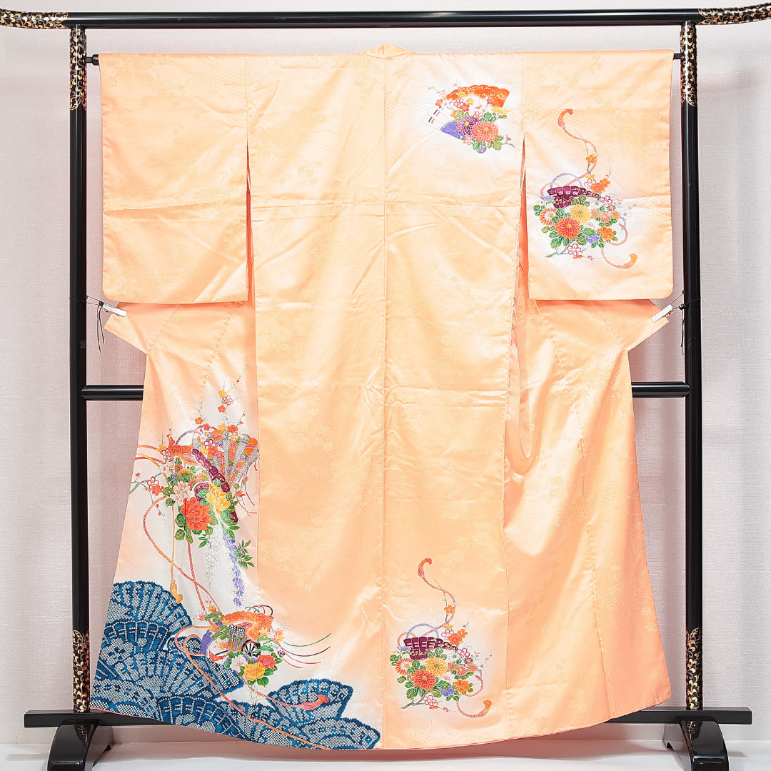 訪問着 袷 身丈161cm 裄丈65cm 正絹 Aランク Lサイズ 広衿 セミフォーマル 扇 牡丹 クリーム系 朱系 1212-14768