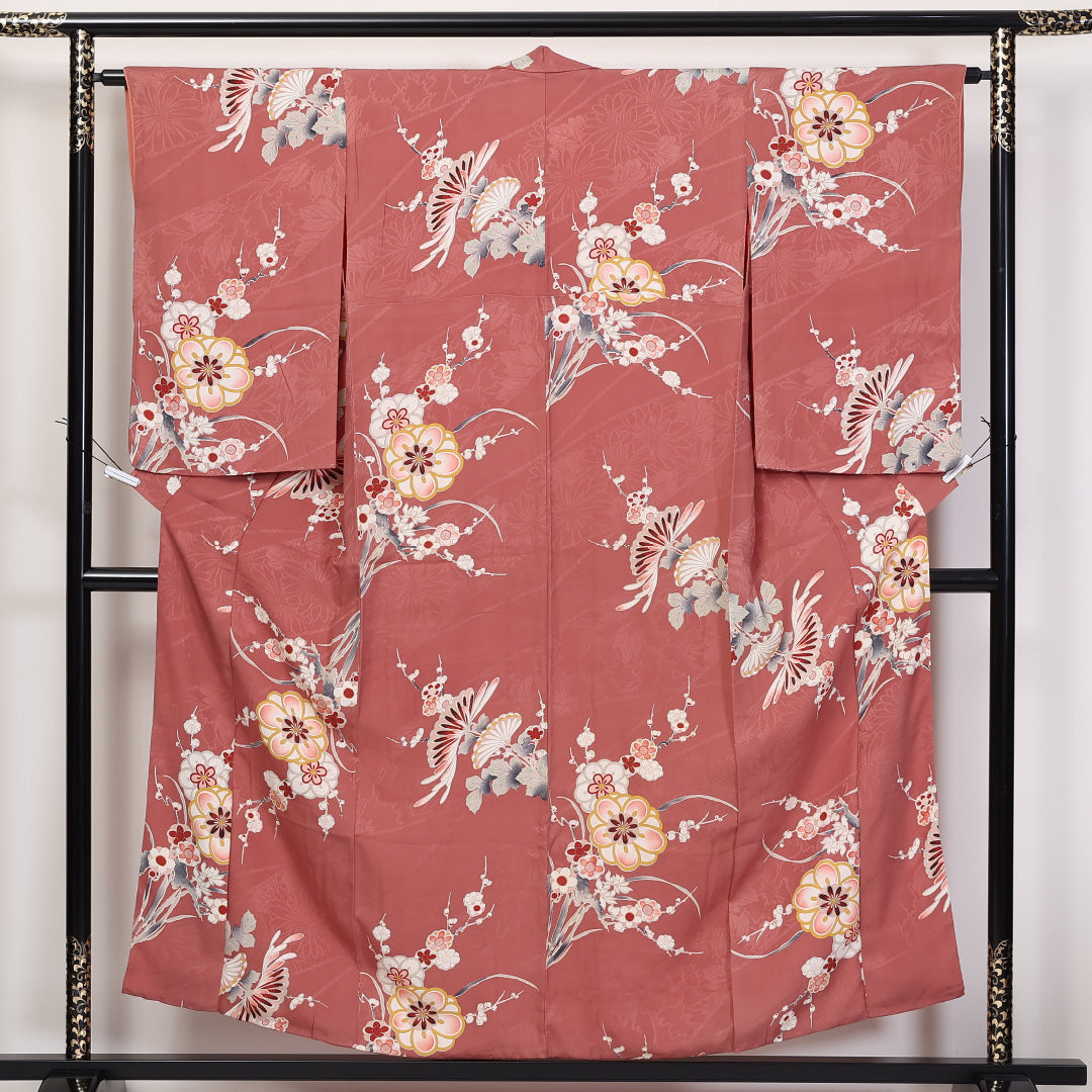 アンティーク 小紋 袷 身丈154cm 裄62.5cm 正絹 梅や菊 ピンク系 Cランク 1215-02299