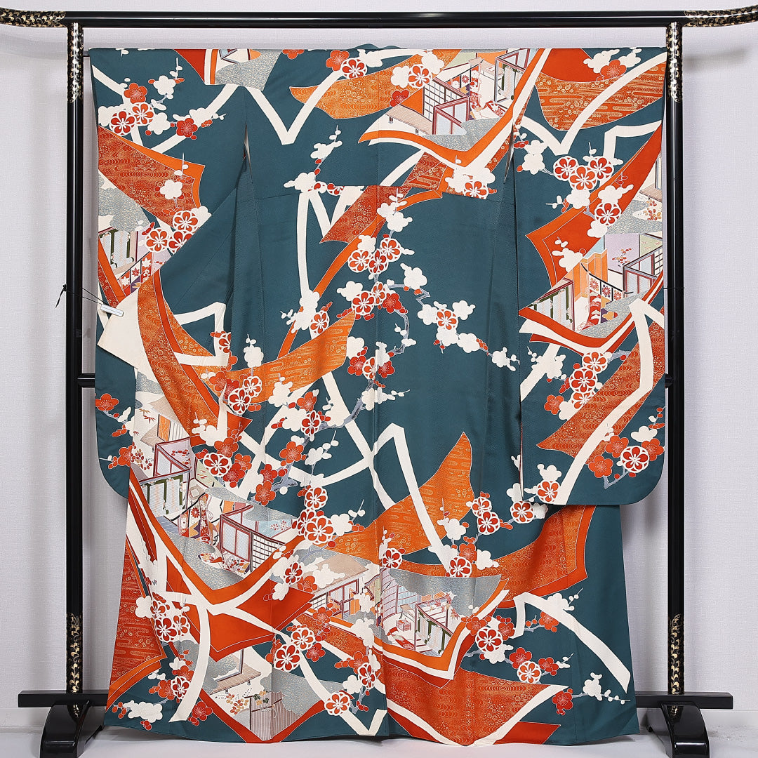 振袖 身丈162cm 裄丈66cm 袷 正絹 Bランク 広衿 梅 吉祥文様 1213-F0298