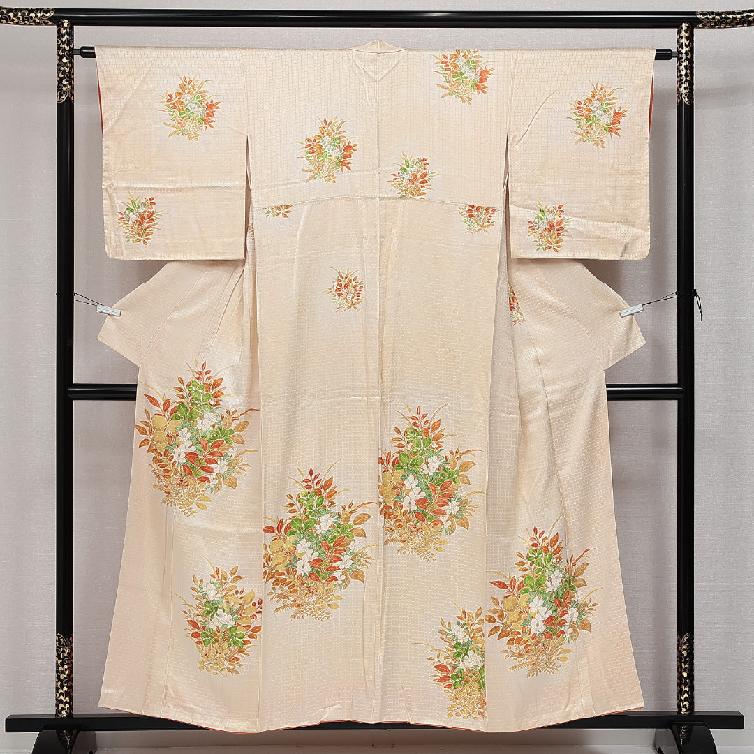 訪問着 袷 身丈153cm 裄丈61cm 正絹 Aランク セミフォーマル 広衿 Sサイズ 花柄 クリーム系 RP 1217-14245