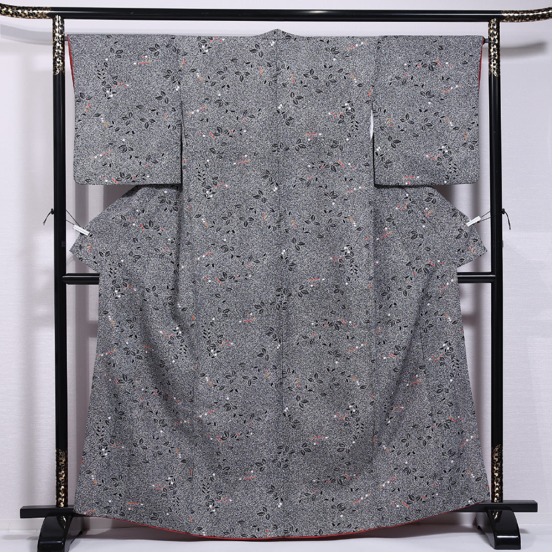 小紋 身丈162cm 裄丈66cm L ポリエステル Aランク 袷 洗える着物 広衿 たたき染め 草花 1215-11652