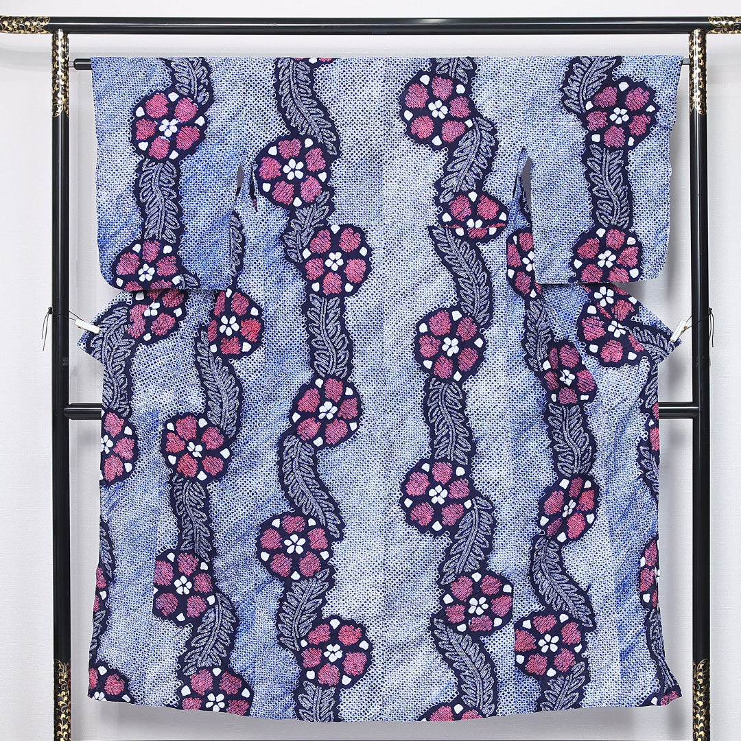 夏物 有松鳴海絞り 浴衣 身丈151cm 裄丈65cm Sランク S 木綿 洗える着物 夏物 バチ衿 ボタニカル 肩当て カジュアル 紺系 1218-12132