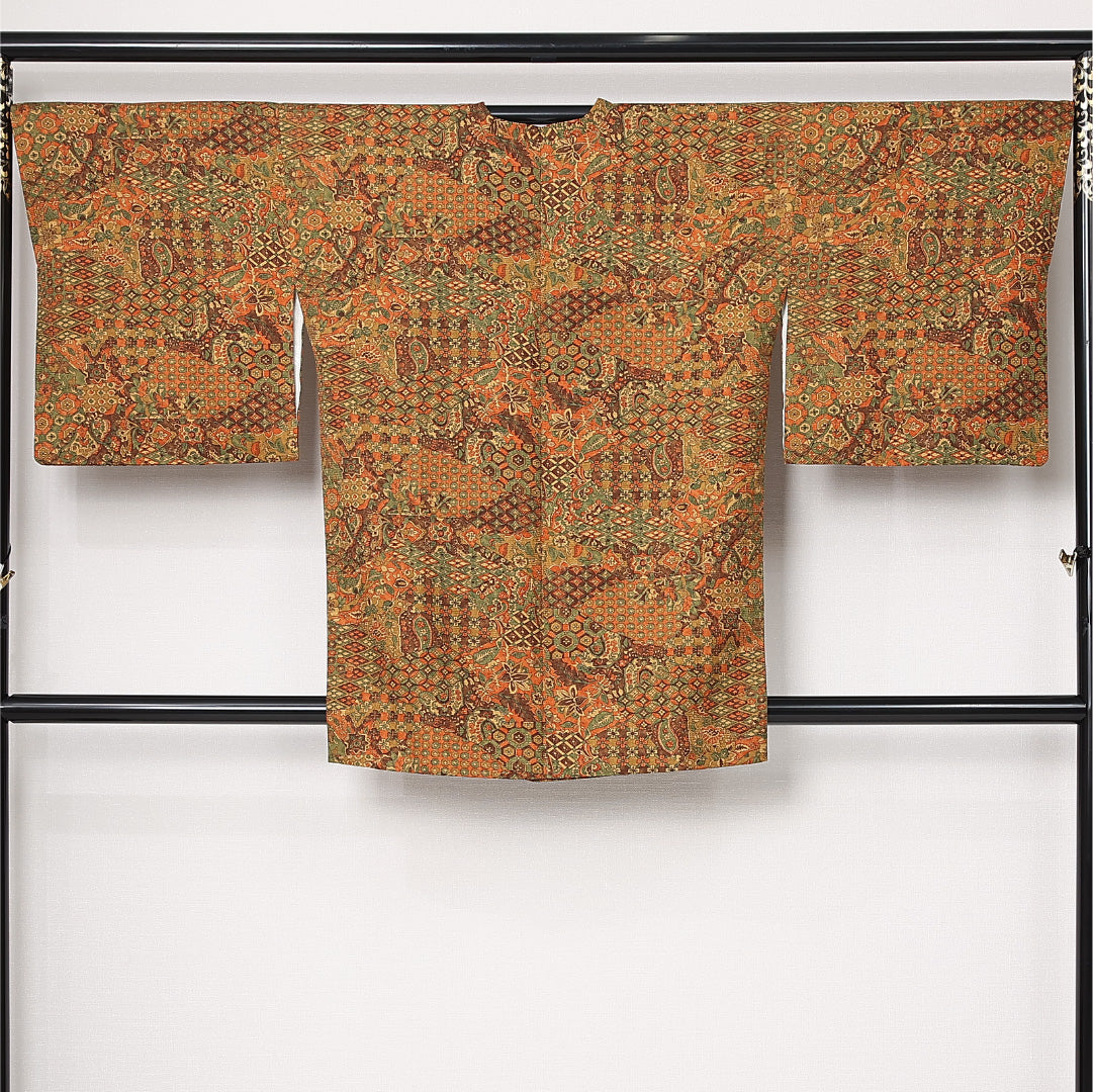 道行コート 袷 身丈86cm 裄丈68cm 正絹 Sランク セミフォーマル Lサイズ 更紗 ポケットあり 花柄 吉祥文様 多色系 RP 1237-12853