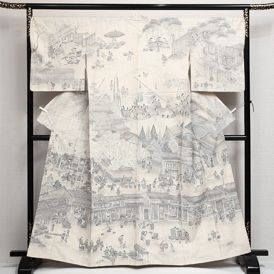 訪問着（結城紬） 袷 身丈161cm 裄丈69cm Cランク 正絹 井上商事 小糸染芸 京風俗絵巻 広衿 Lサイズ インフォーマル 証紙 落款 金彩 白系 グレー系 1212-14008