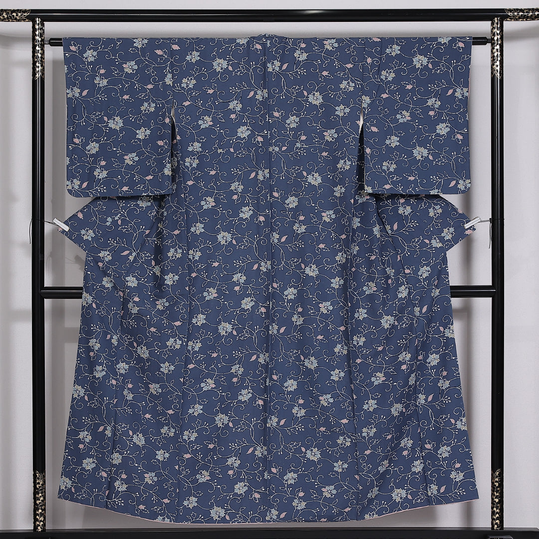 紬 袷 身丈152cm 裄63cm 正絹 後染め 青系 Aランク 1216-01443