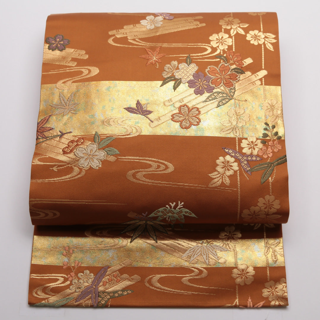 名古屋帯 帯丈359.5cm Sランク 名古屋仕立て 六通 正絹 桜 流水 笹 セミフォーマル 茶系 1224-01768