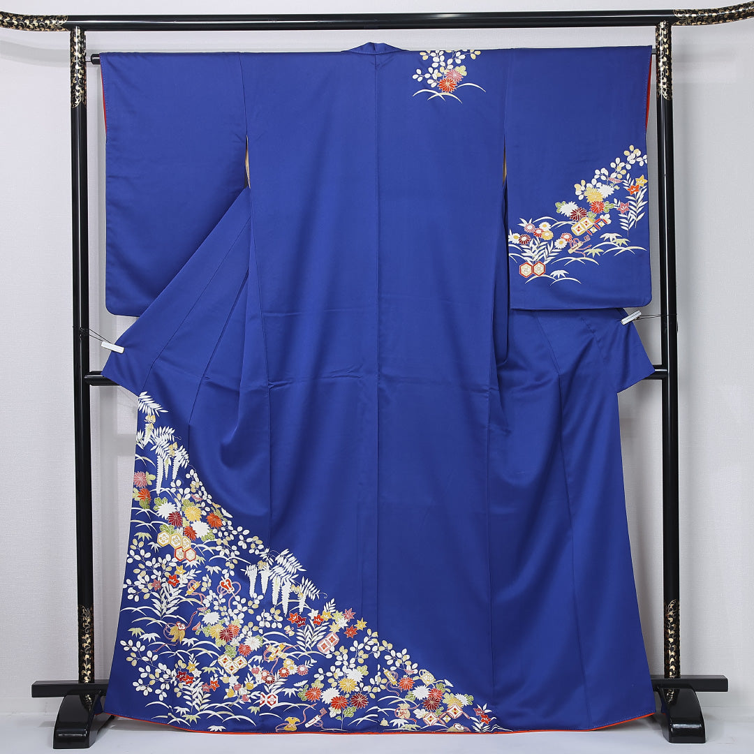 小振袖 身丈168cm 裄丈65cm Aランク 袷 正絹 M 広衿 吉祥文様 古典柄 菊 藤 桔梗 花柄 萩 青系 1213-F0444