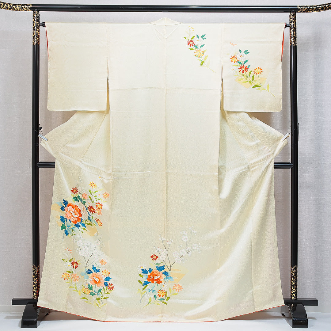 付下げ 袷 身丈166cm 裄丈62cm 正絹 Aランク XLサイズ 広衿 インフォーマル 紋意匠 紗綾型 牡丹 黄系 1261-14867