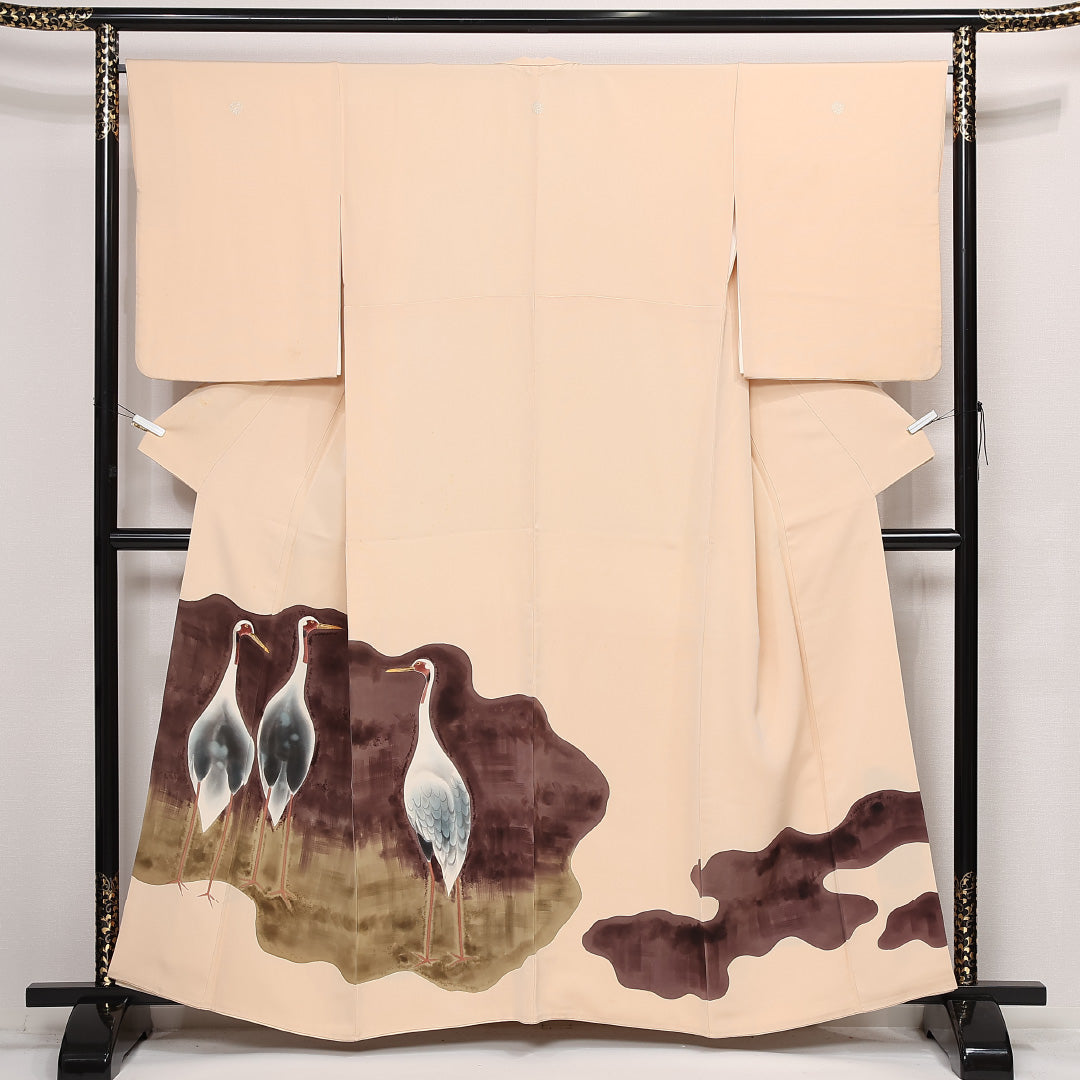 色留袖 三つ紋 丸に枝竜胆 身丈159cm 裄丈67cm Bランク 正絹 袷 比翼 広衿 M 刺繍 鶴 セミフォーマル 独創的 存在感 クリーム系 ピンク系 1211-F0573