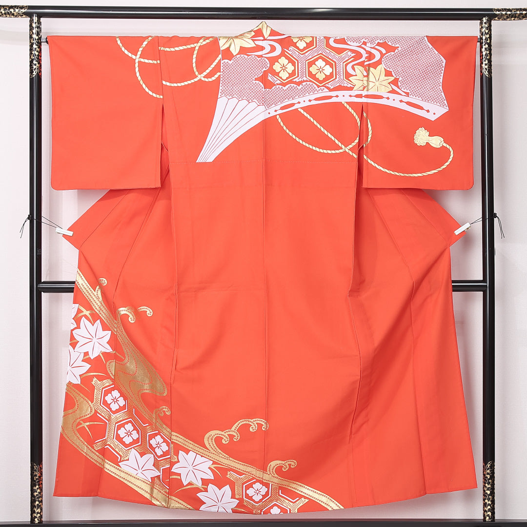訪問着 身丈153cm 裄丈66.5cm Sランク S ポリエステル 洗える着物 単衣 バチ衿 扇 花菱亀甲 紅葉 踊り セミフォーマル 朱系 1212-12444