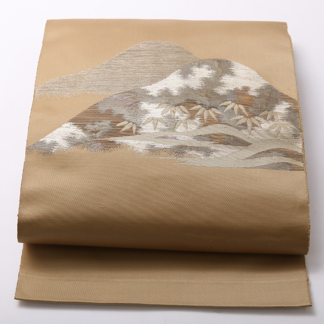 八寸名古屋帯 Sランク 帯丈332cm 正絹 ポイント柄 名古屋仕立て 織り セミフォーマル 綴れ織 遠山 秋草文 茶系 LP 1245-03008