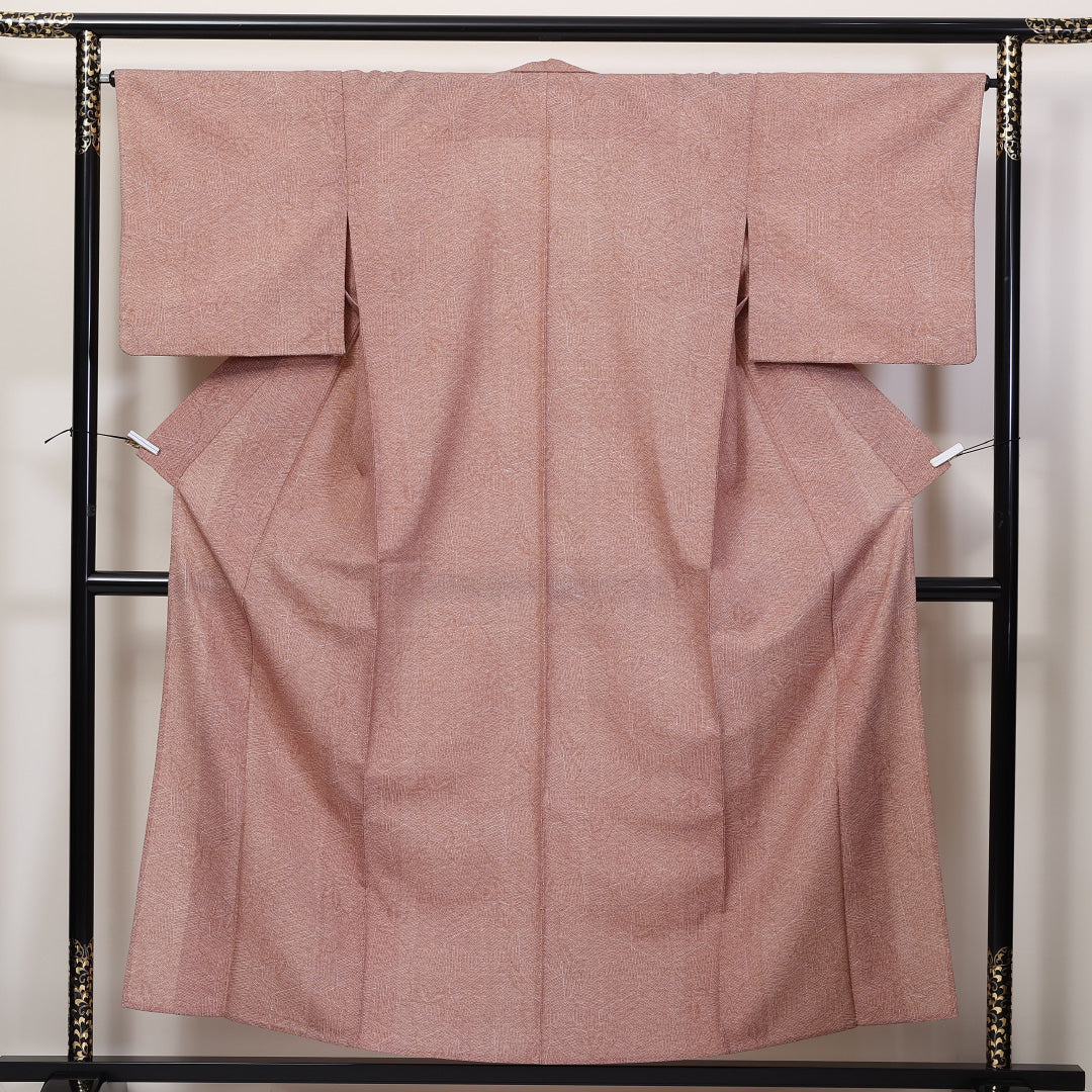小紋（鮫） 洗える着物 単衣 身丈152cm 裄丈65cm ウール Sランク Sサイズ バチ衿 カジュアル 亀甲 植物柄 赤系 1215-02281