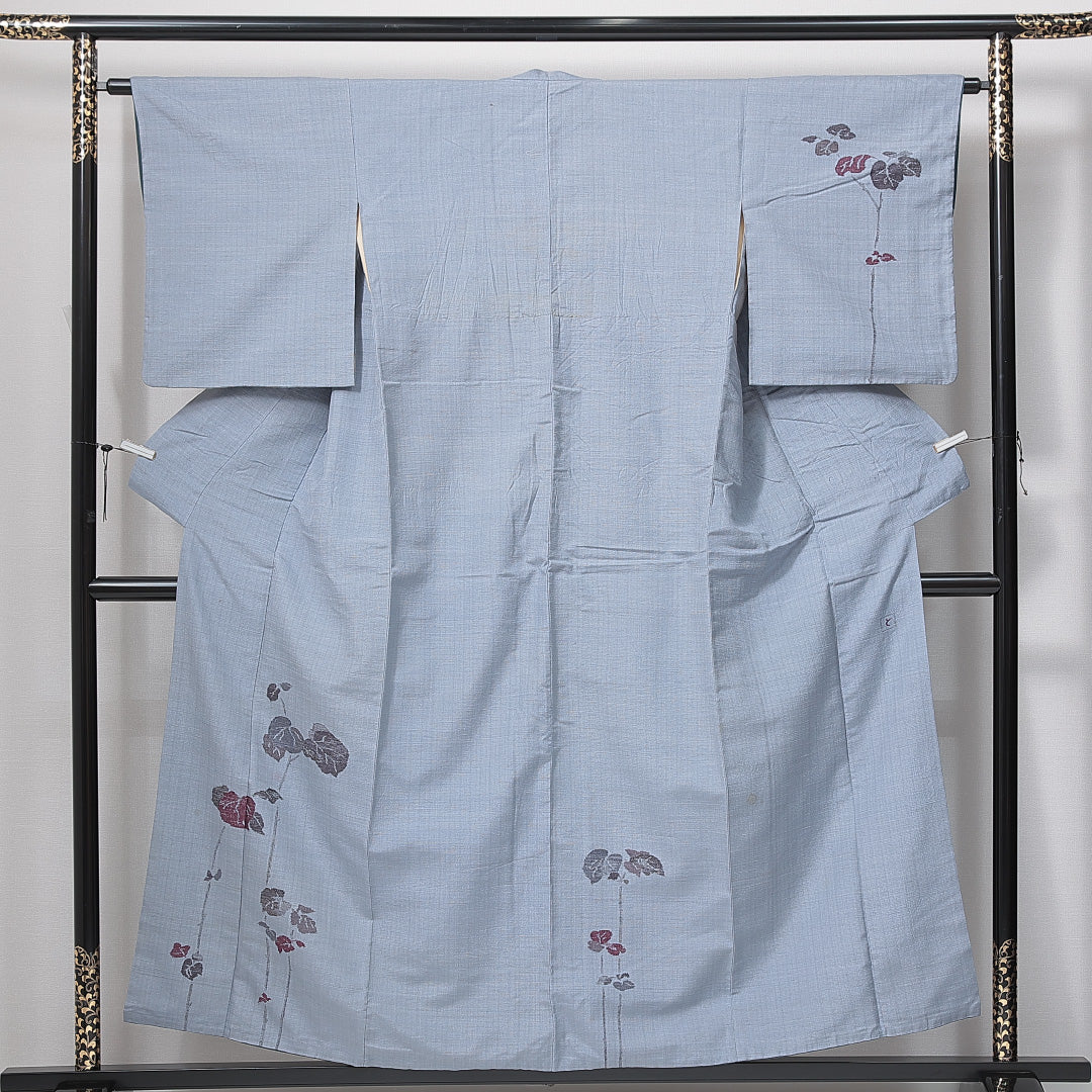 付下げ（紬） 袷 身丈154cm 裄丈61cm 正絹 Cランク Sサイズ 広衿 インフォーマル 植物柄 落款 水色系 1261-14970