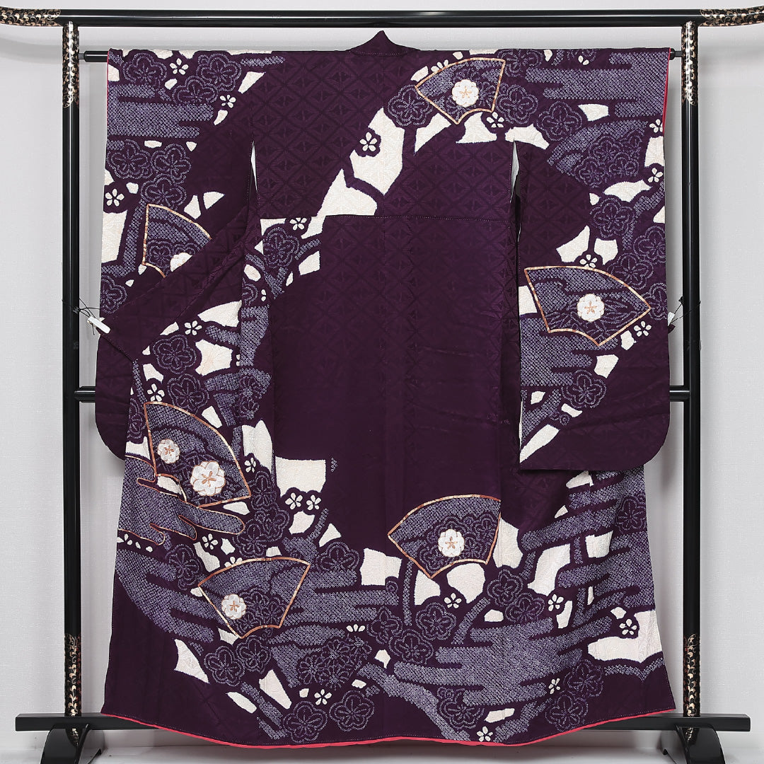 振袖 身丈158cm 裄丈64cm Aランク 袷 正絹 XL 広衿 絞り 金駒刺繍 吉祥文様 扇 古典柄 桜 花柄 紫系 1213-F0437