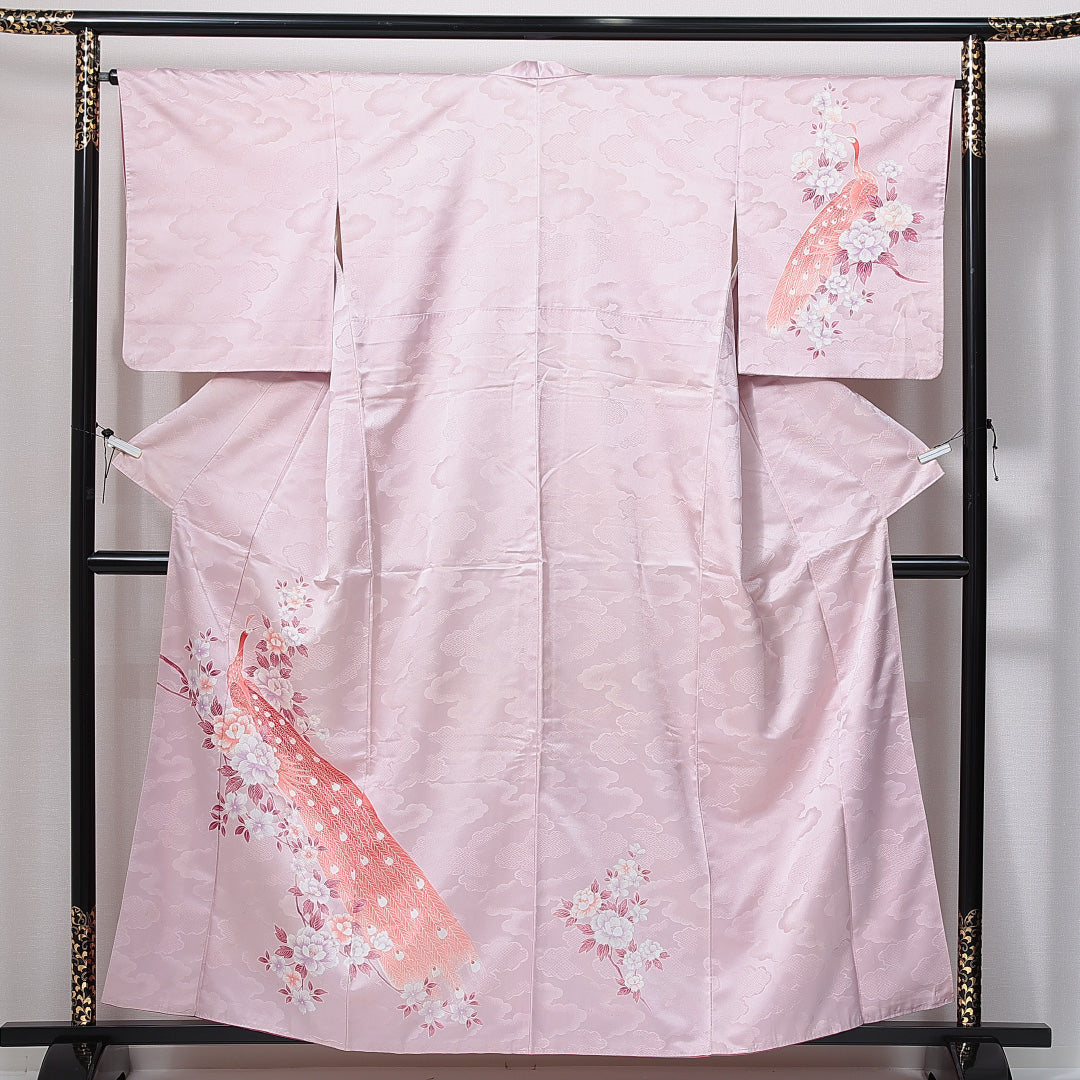 訪問着 洗える着物 袷 身丈155cm 裄丈65cm ポリエステル Cランク Mサイズ 広衿 セミフォーマル 孔雀 梅 紫系 1212-14989