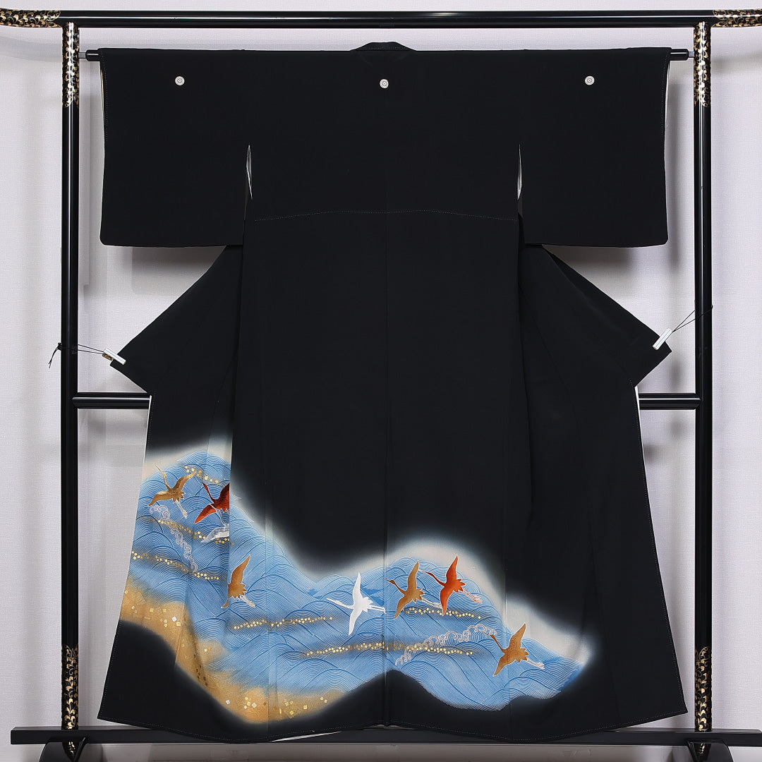 黒留袖 身丈154cm 裄丈63cm 袷 五つ紋 丸に木瓜 正絹 Cランク 広衿 鶴 刺繍 波 1211-F0347