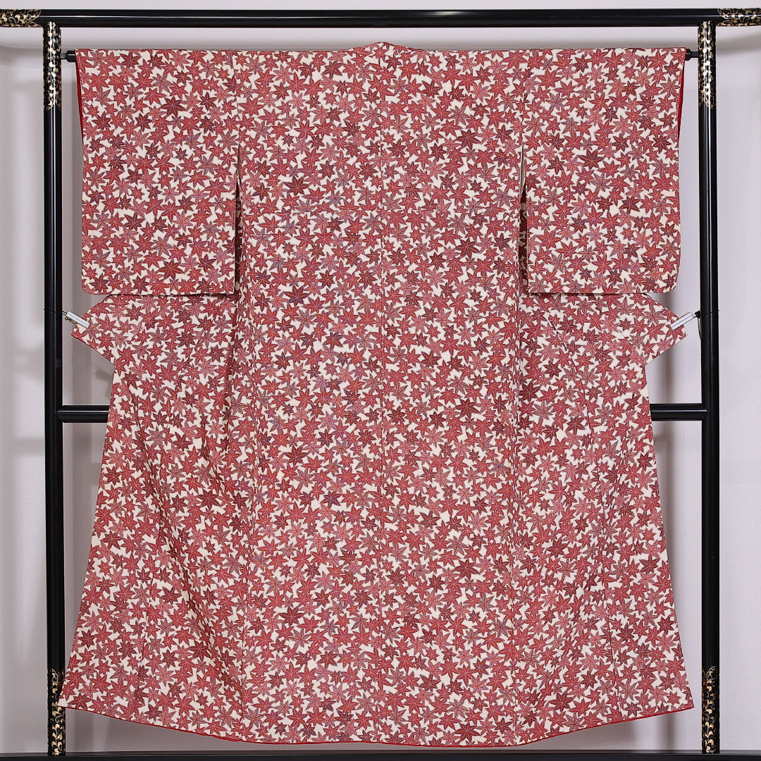小紋 袷 身丈149.5cm 裄63.5cm 正絹 紅葉 赤系 Cランク 1215-02466