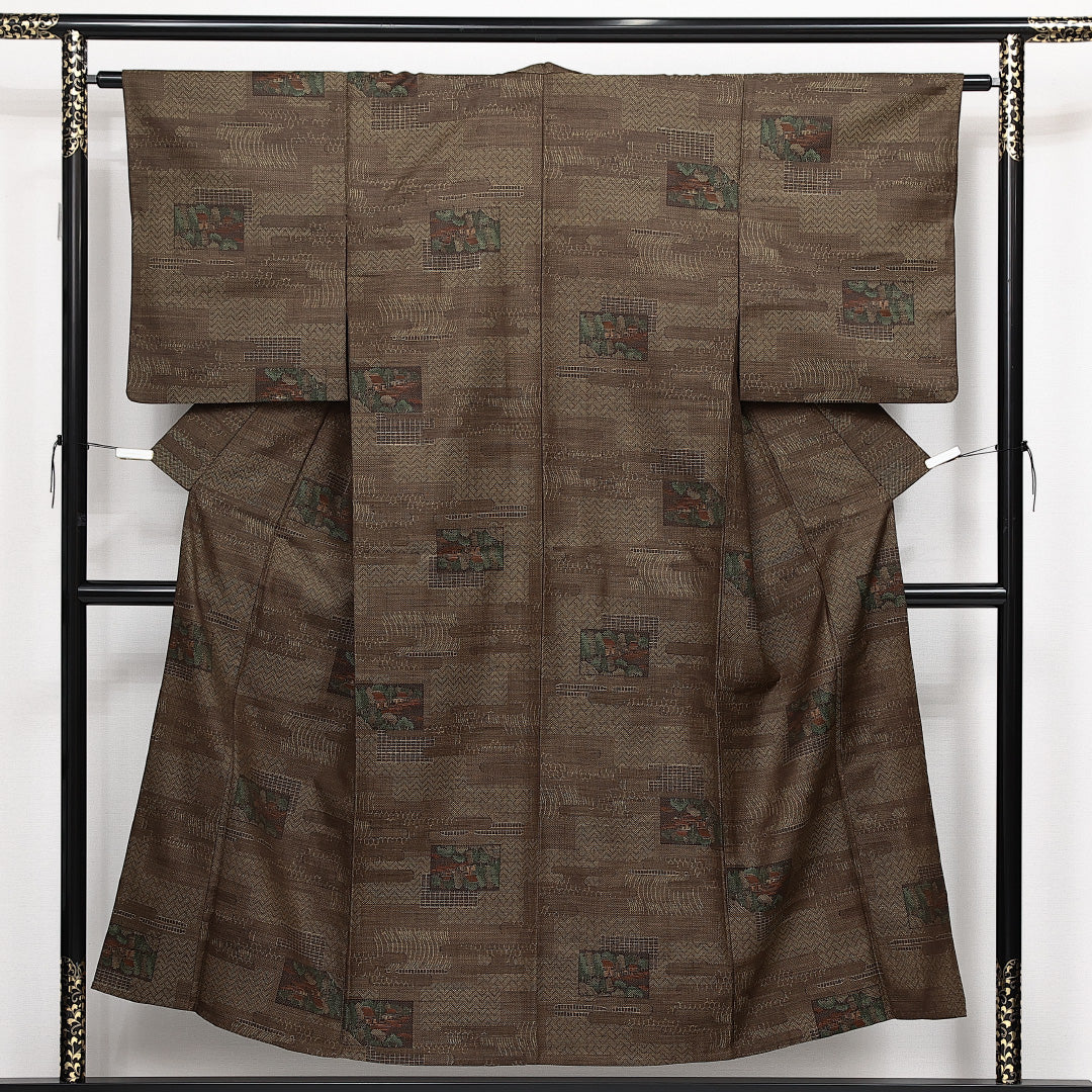 洗える着物 ウールの紬 単衣 身丈148cm 裄丈63cm ウール Sランク カジュアル バチ衿 XSサイズ 茶屋辻 茶系 RP 1223-14126