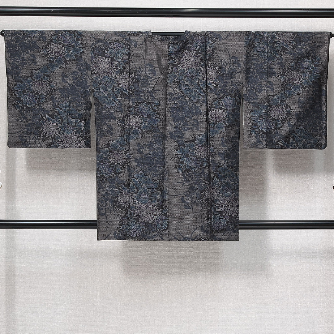 道行コート 大島紬 袷 身丈85cm 裄丈66cm 正絹 Sランク インフォーマル Mサイズ ポケットあり 菊 華やか 気品 グレー系 RP 1237-14679