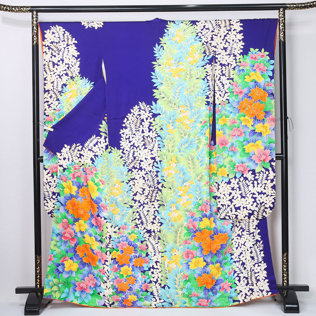 振袖 身丈166cm 裄丈67.5cm Cランク 袷 正絹 XS 広衿 モダン 花柄 ボタニカル 青系 1213-F0447