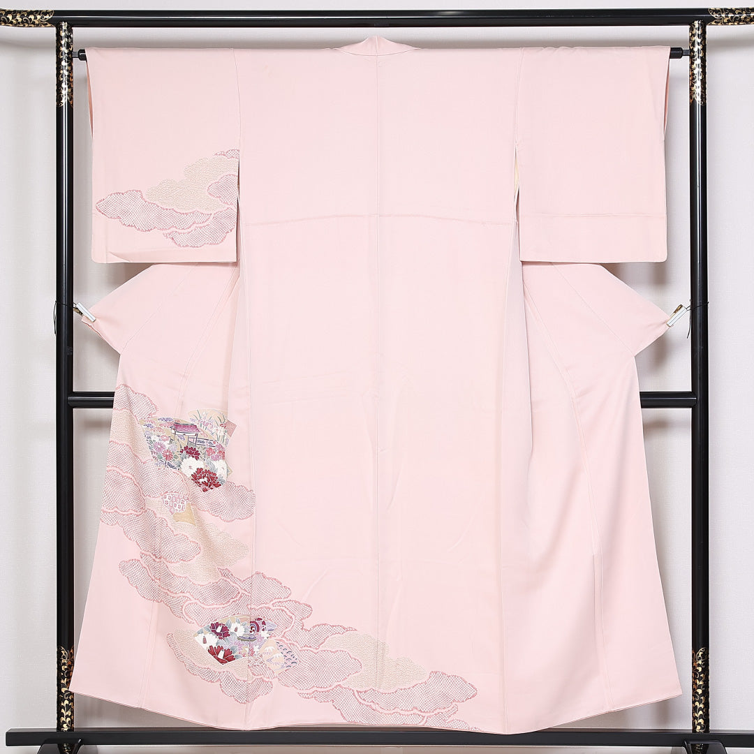 訪問着 袷 身丈153cm 裄64.5cm 正絹 扇 吉祥文様 茶屋辻 パールトーン加工 Aランク 1212-00807