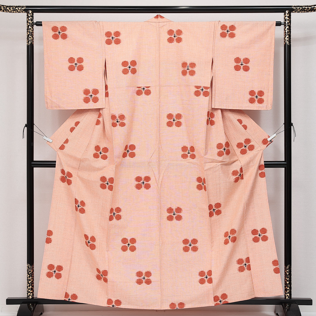未使用品 真綿紬 単衣 身丈160cm 裄丈62cm 正絹 Sランク カジュアル バチ衿 Lサイズ 居敷当て 肩当て しつけ糸 朱系 RP 1223-14403