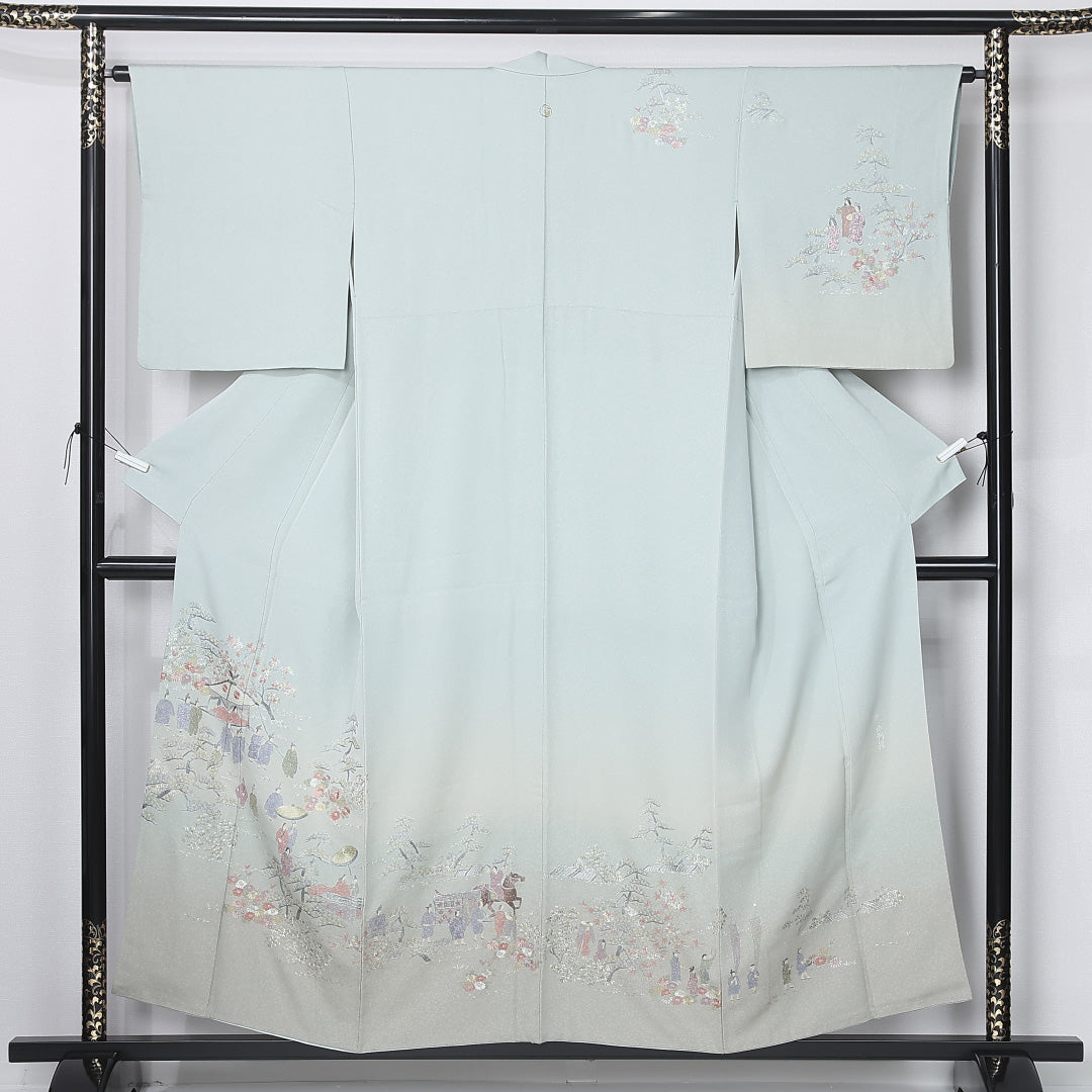 訪問着 身丈154cm 裄丈63.5cm Aランク S 正絹 袷 広衿 一つ紋 五三桐 落款 翠山刺繍 刺繍 ぼかし染 フォーマル 緑系 1212-12198