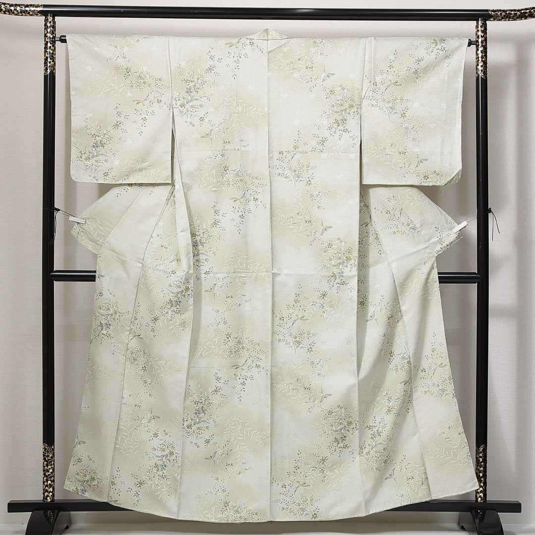 新古品 小紋 洗える着物 袷 身丈159cm 裄丈64cm ポリエステル Nランク Mサイズ 広衿 インフォーマル 花喰鳥 しつけ糸 緑系 1215-14816