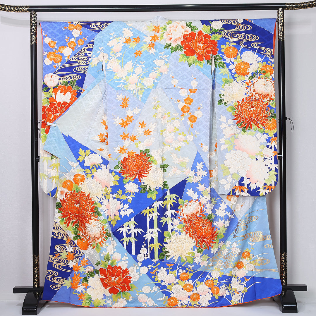 振袖 身丈164cm 裄丈66.5cm Bランク 袷 正絹 M 広衿 観世水 吉祥文様 古典柄 菊 紅葉 楓 牡丹 花柄 青系 1213-F0448