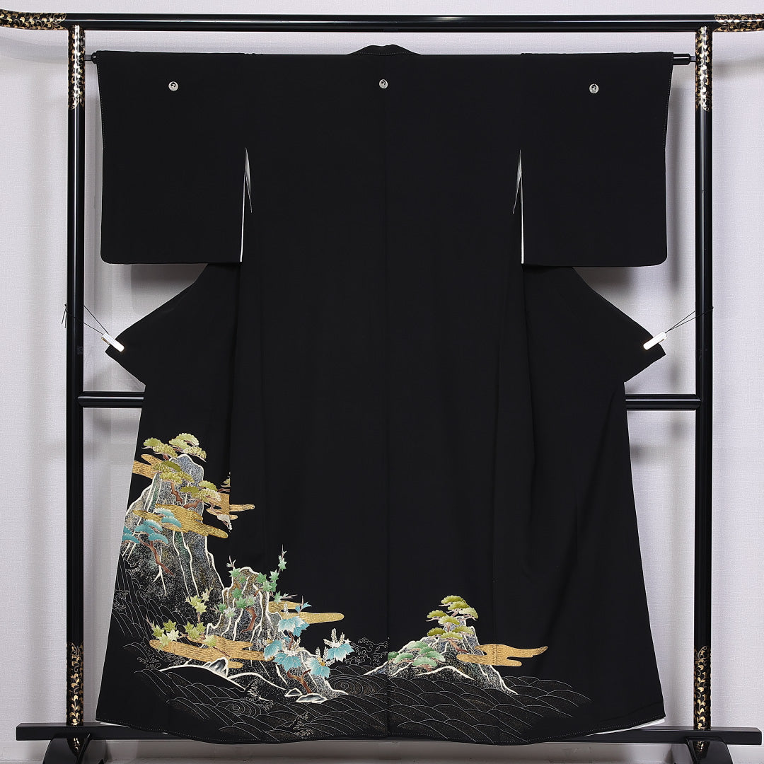 黒留袖 五つ紋 鶴の丸 身丈155cm 裄丈63.5cm Sランク 正絹 袷 比翼 広衿 M 金駒刺繍 エ霞 桐 松 京友禅 フォーマル 黒系 1211-F0338